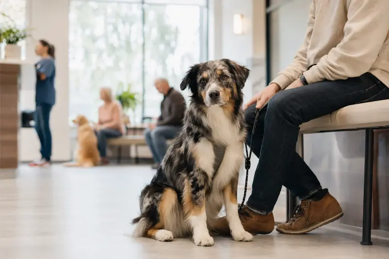 Ein Australian Shepherd sitzt entspannt neben seinem Besitzer in einem modernen Wartezimmer einer Tierarztpraxis.